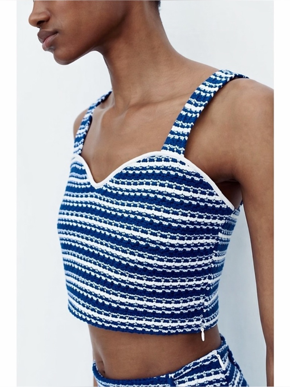 Zara Bustier Crop Top Textured Knit Striped Coastal Shirt Blue White Size Small